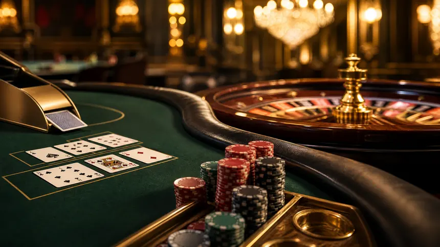 Ilustrasi meja live casino dengan kartu baccarat dan roda roulette