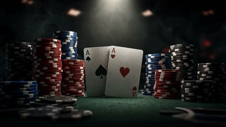Ilustrasi meja poker dengan dua kartu as dan tumpukan chip