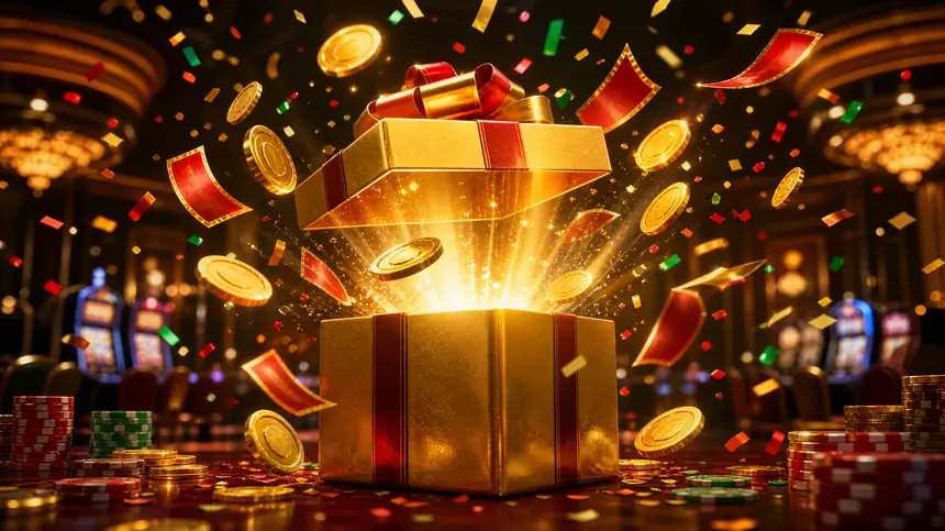 Ilustrasi kotak hadiah promosi Megawin188 dengan koin emas
