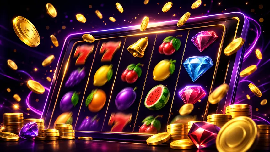Ilustrasi mesin slot online modern dengan simbol buah dan koin emas