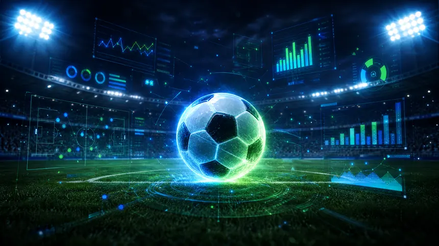 Ilustrasi taruhan olahraga dengan bola sepak dan grafik statistik